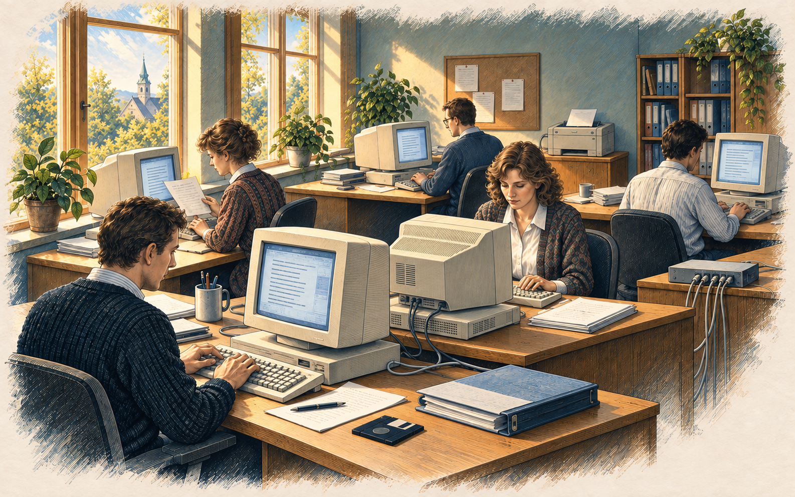 Fem kontorarbeidere gjør hver sin oppgave ved beige PC-er med CRT-skjermer, tastatur, disketter og et kabelnett. Illustrert kontor fra tidlig PC-tid.