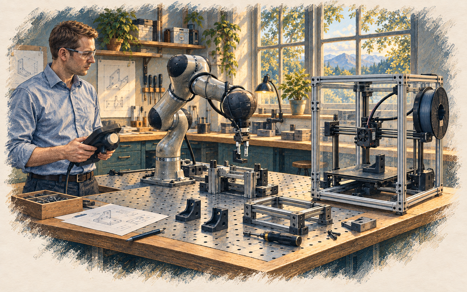 Et verksted med en leddet robotarm som håndterer komponenter, en egen 3D-printer og en ingeniør som følger arbeidet. Konseptillustrasjon med faktisk utstyr som referanse.