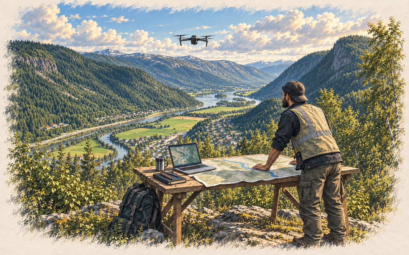 En fagperson sammenholder terrengkart og en digital høydemodell med en norsk elvedal, mens en drone samler data. Konseptillustrasjon med Ottadalen som landskapsreferanse.